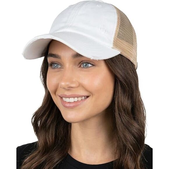 Accessories - Women's White Beige Mesh Washed Adjustable Fit Classic Comfortable Baseball Cap